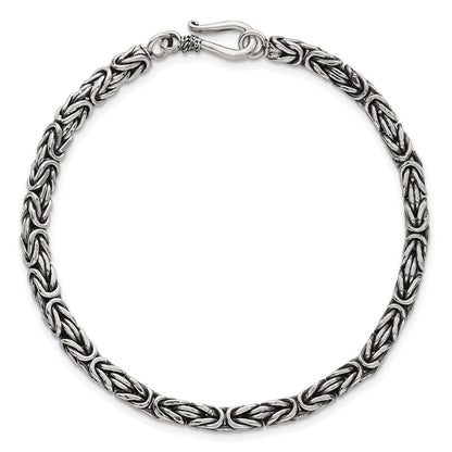 Sterling Silver Antiqued 4.0mm Byzantine 8 Inch Hook Clasp Mens Bracelet