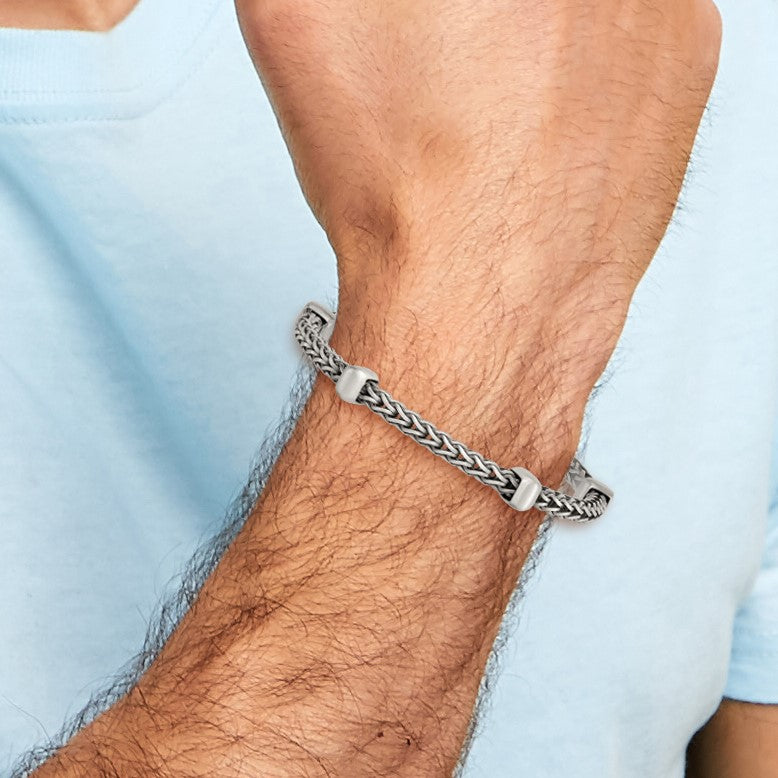 Sterling Silver Black Ruthenium-plated Brushed Franco Chain and Beads Mens 8.5 inch Bracelet