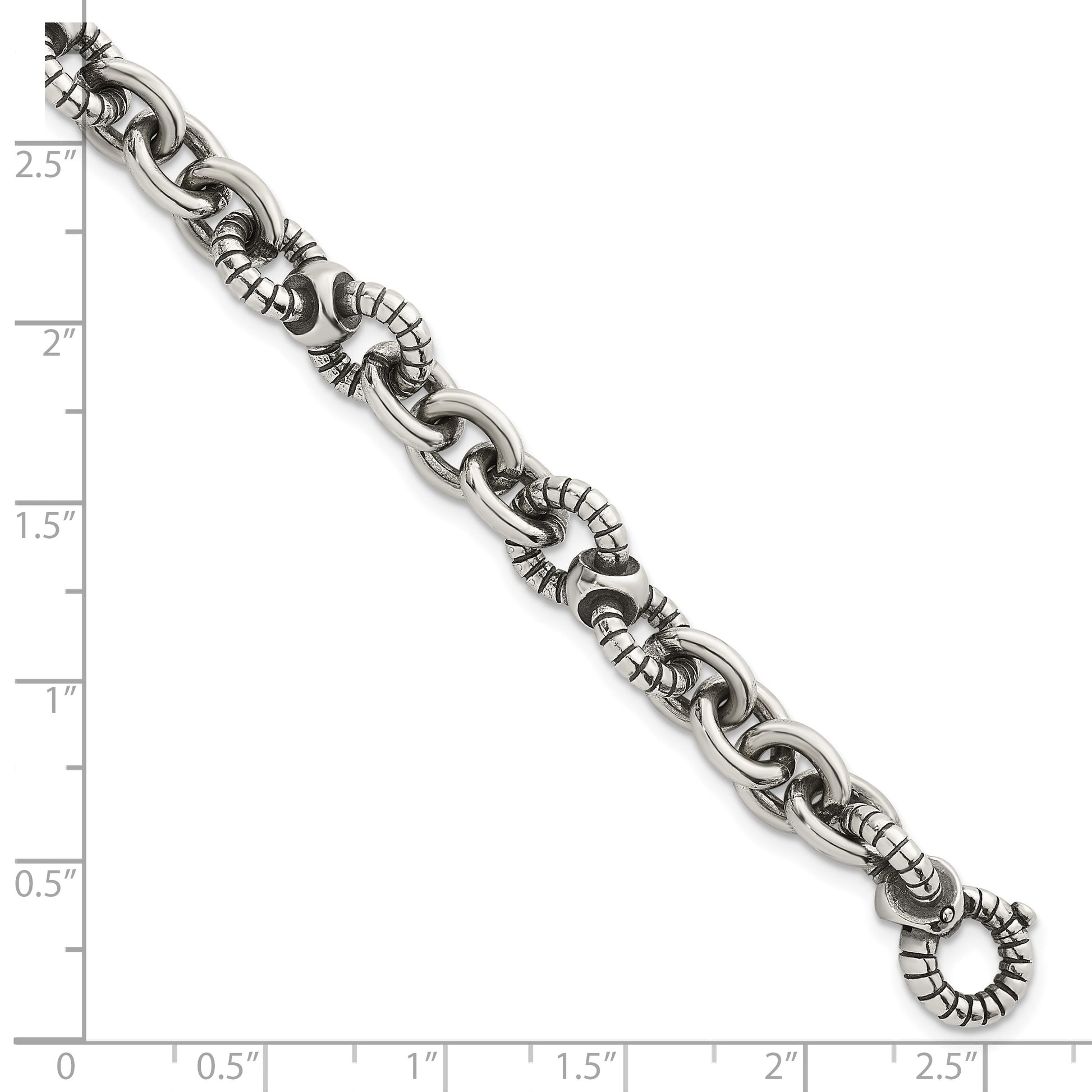 Sterling Silver Oxidized Polished and Textured Round Fancy Cable Link Mens 8.25 inch Bracelet