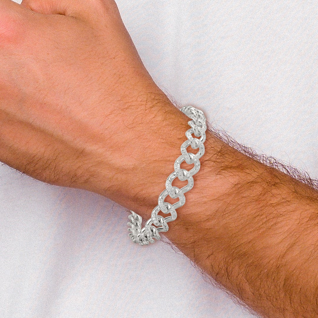 Sterling Silver Polished Graduated CZ Curb Link 9 Inch Men's Bracelet