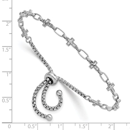 Sterling Silver Rhodium-plated Polished Cross and Rectangle Link Adjustable Bolo Bracelet