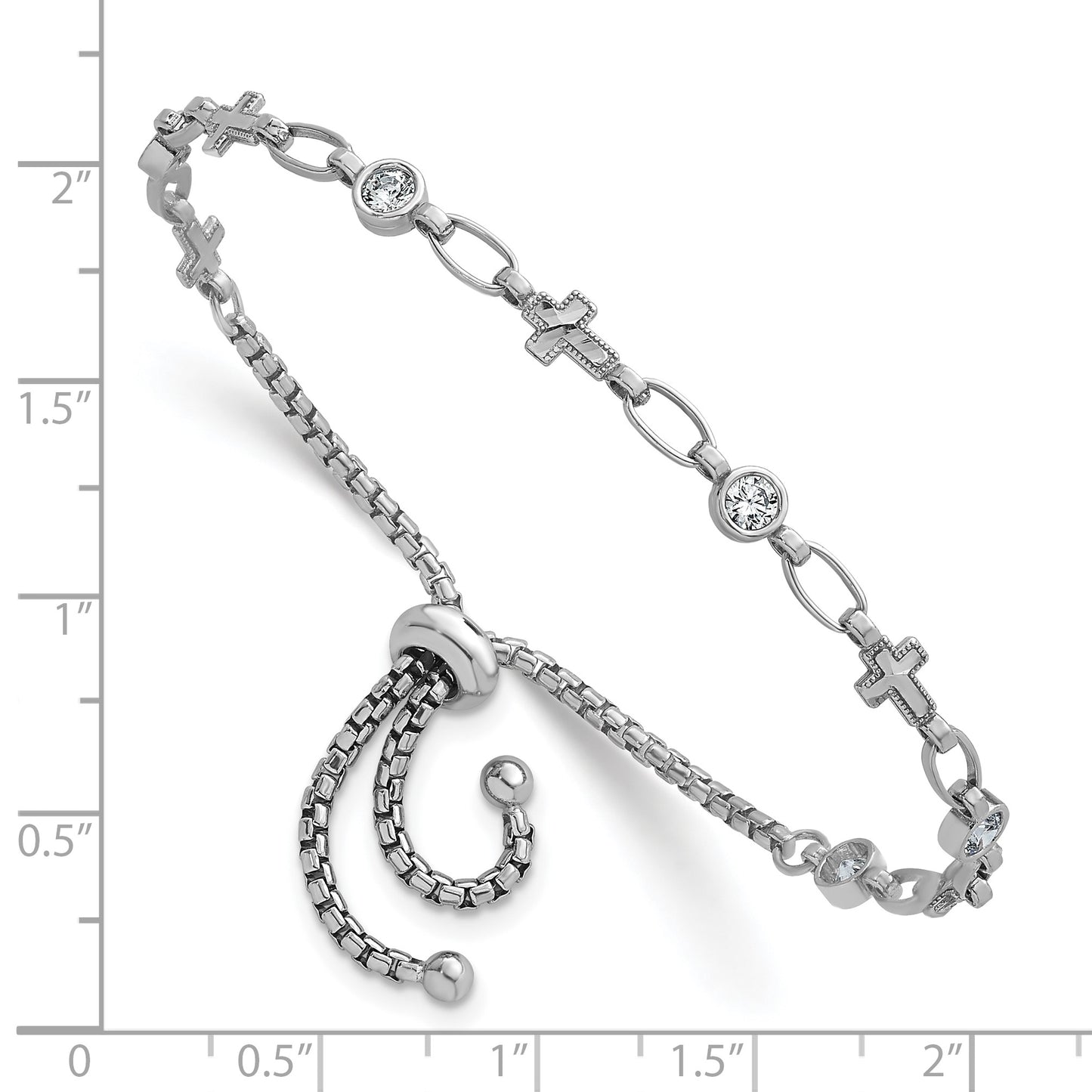Sterling Silver Rhodium-plated Polished Round CZ and Cross Adjustable Bolo Bracelet