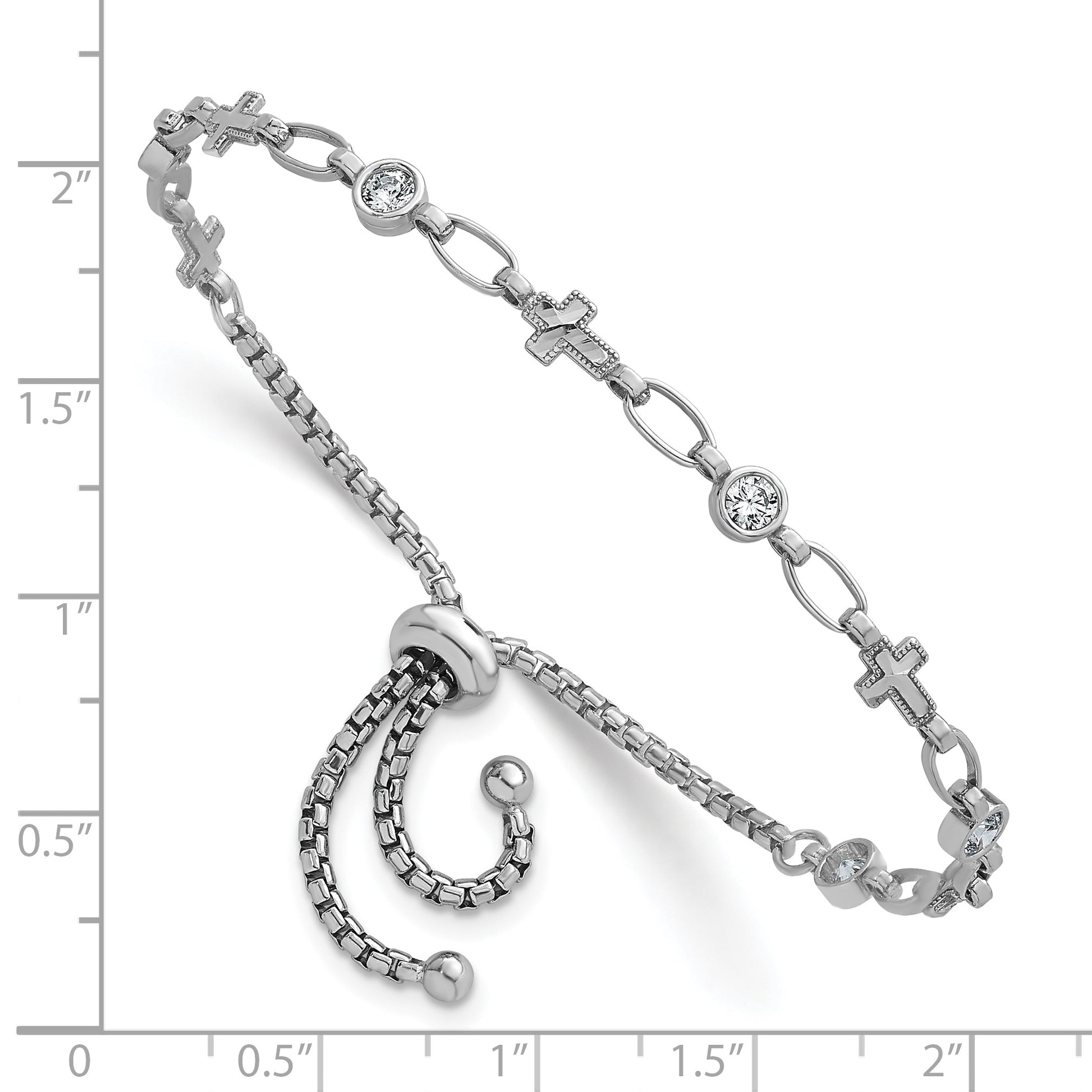 Sterling Silver Rhodium-plated Polished Round CZ and Cross Adjustable Bolo Bracelet
