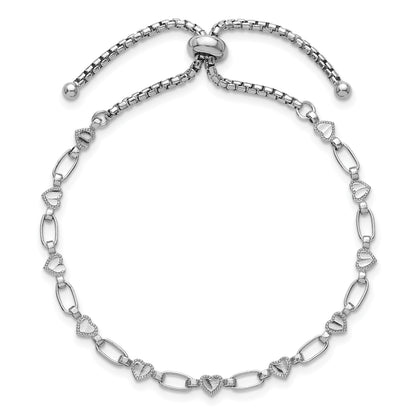 Sterling Silver Rhodium-plated Polished Heart and Rectangle Link Adjustable Bolo Bracelet