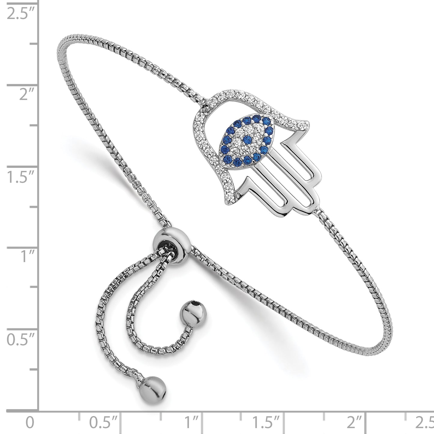 Sterling Silver Rhodium-plated Polished Lab Created Blue Spinel and CZ Evil Eye Hamsa Adjustable Bolo Bracelet