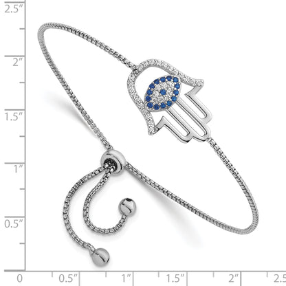 Sterling Silver Rhodium-plated Polished Lab Created Blue Spinel and CZ Evil Eye Hamsa Adjustable Bolo Bracelet