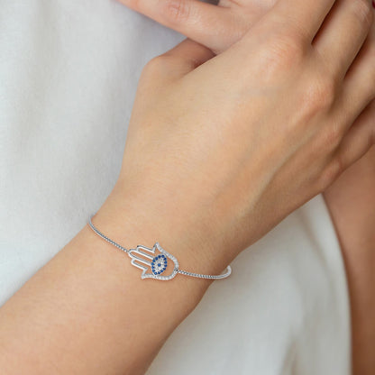 Sterling Silver Rhodium-plated Polished Lab Created Blue Spinel and CZ Evil Eye Hamsa Adjustable Bolo Bracelet