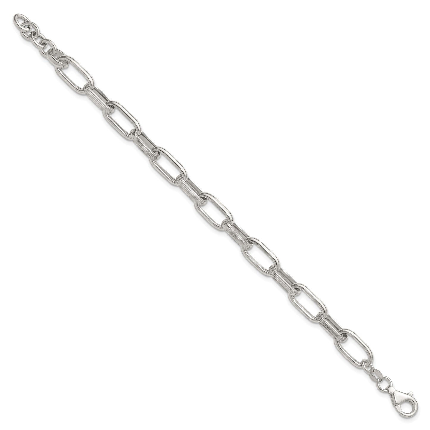 Sterling Silver Polished and Textured Oval Link 7 inch with 0.5 inch Extender Bracelet