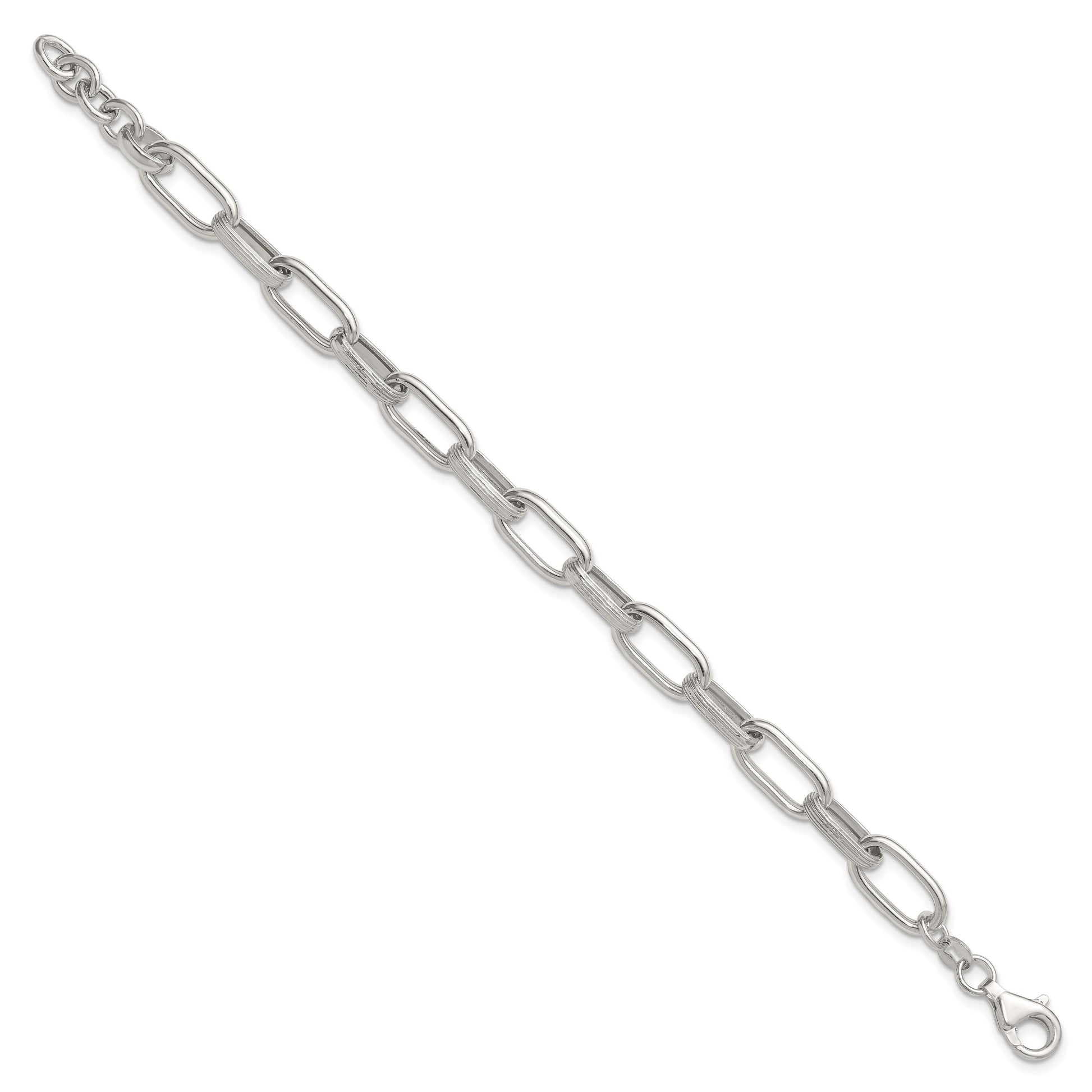 Sterling Silver Polished and Textured Oval Link 7 inch with 0.5 inch Extender Bracelet