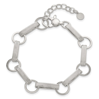 Sterling Silver Polished and Textured Oval and Round Link 7.5 inch with 1 inch Extender Bracelet