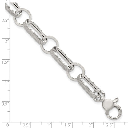 Sterling Silver Polished and Textured Oval and Round Link 7.5 inch with 1 inch Extender Bracelet