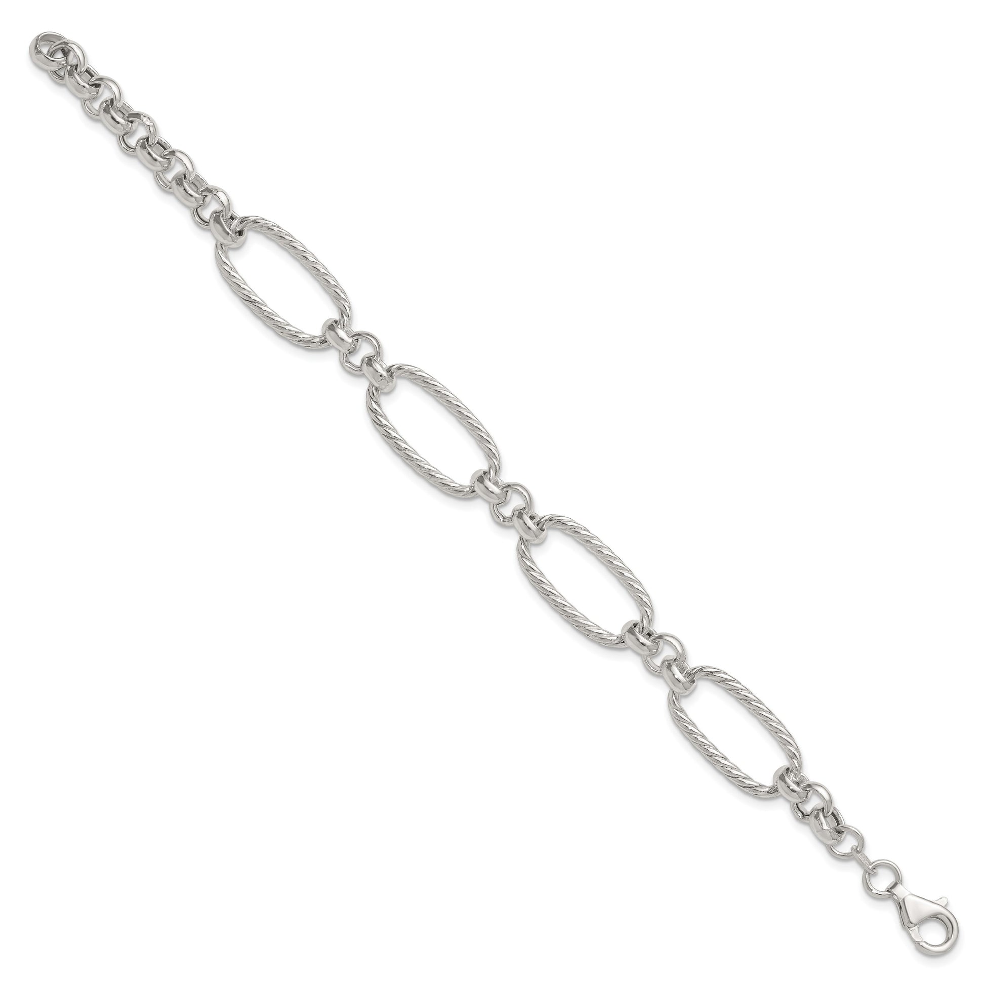 Sterling Silver Polished and Twisted Fancy Oval Link 7.5 inch Bracelet