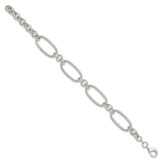 Sterling Silver Polished and Twisted Fancy Oval Link 7.5 inch Bracelet