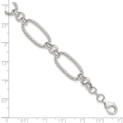 Sterling Silver Polished and Twisted Fancy Oval Link 7.5 inch Bracelet