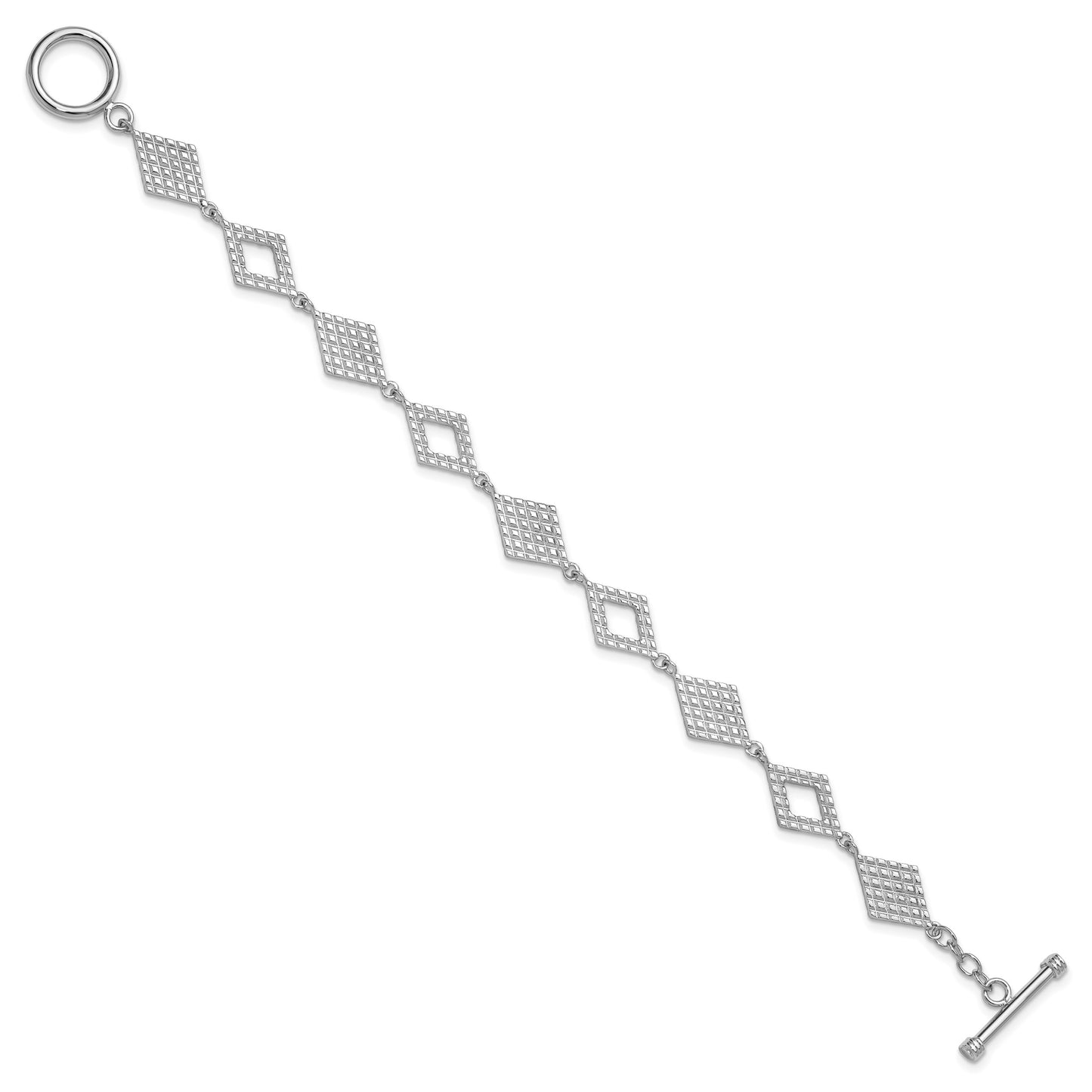 Sterling Silver Rhodium-plated Polished Diamond-Shape Textured 7.5 inch Toggle Bracelet