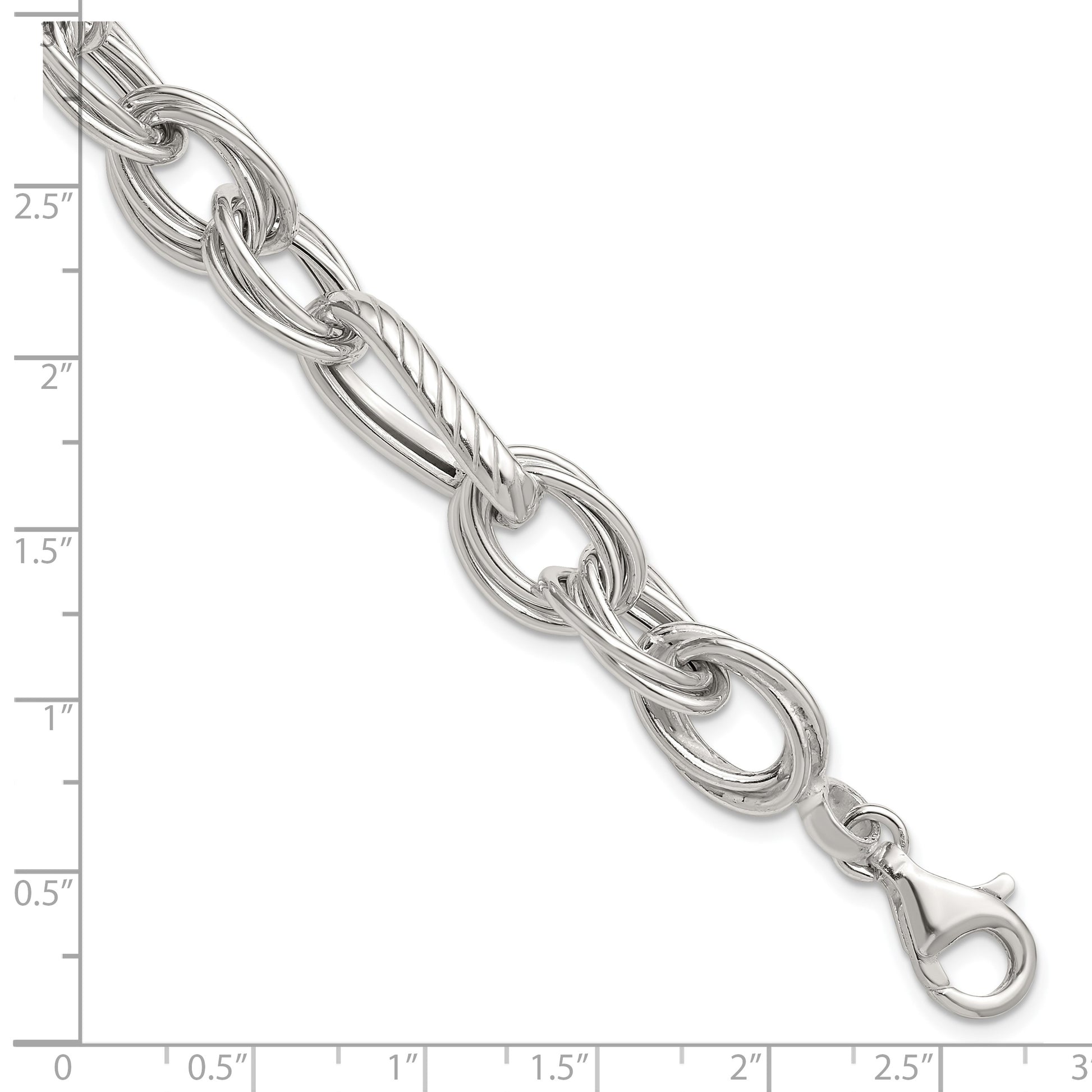 Sterling Silver Polished and Textured Triple Link and Twisted Link 8 inch Bracelet