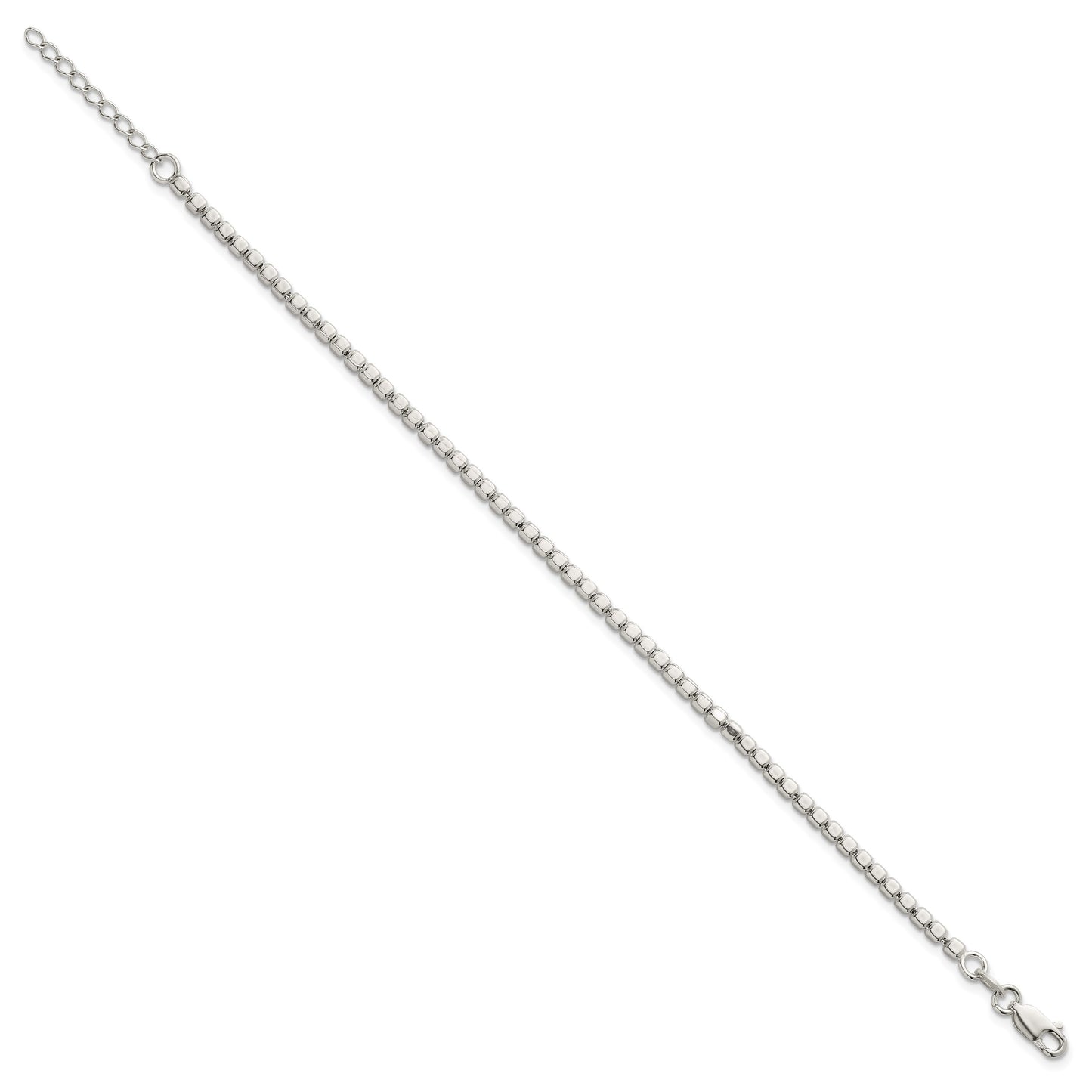Sterling Silver Polished and Square Beaded 7 Inch with 1 Inch Extension Bracelet