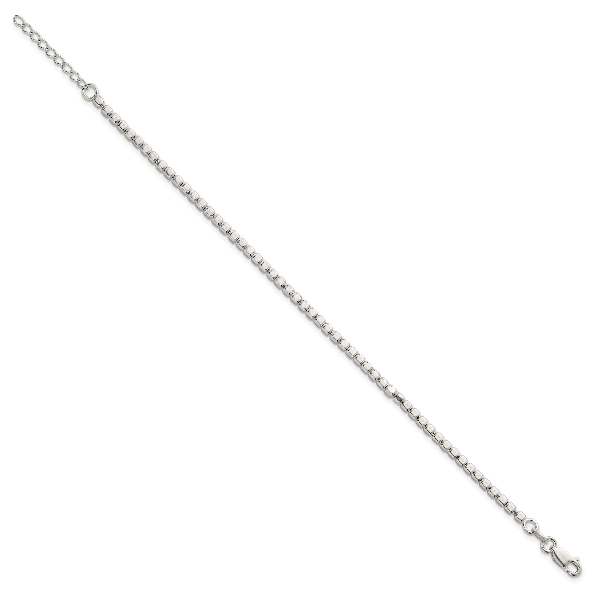 Sterling Silver Polished and Square Beaded 7 Inch with 1 Inch Extension Bracelet