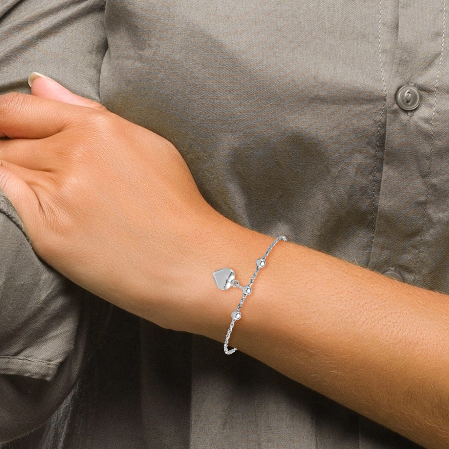 Sterling Silver Rhodium-plated Puffed Heart Dangle and Beads 7 inch Rope Chain Bracelet