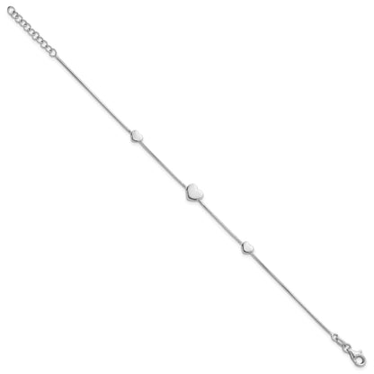 Sterling Silver Rhodium-plated Three Hearts 7 inch with 1 inch Extension Bracelet