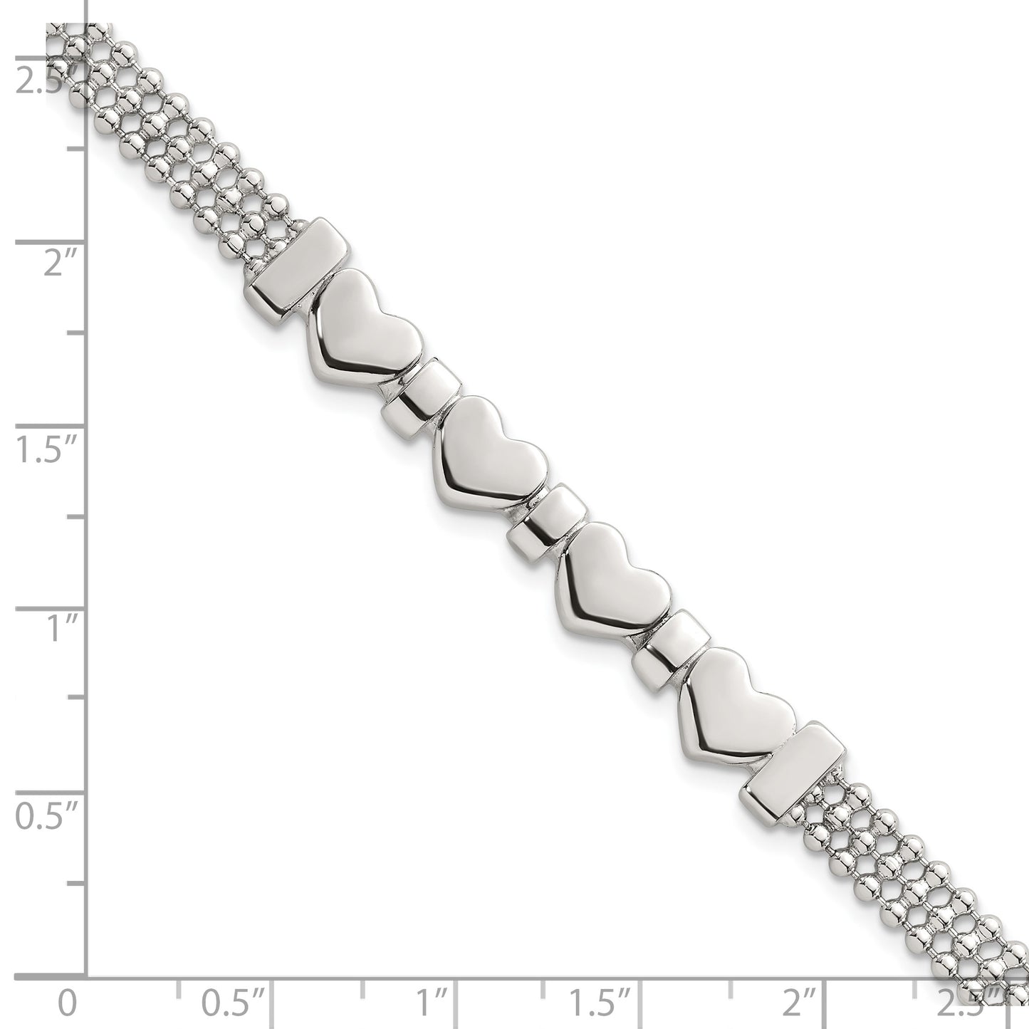 Sterling Silver Polished and Beaded 4-Hearts 7.25 Inch Bracelet