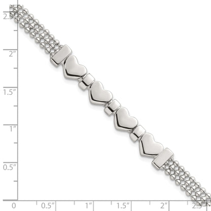 Sterling Silver Polished and Beaded 4-Hearts 7.25 Inch Bracelet