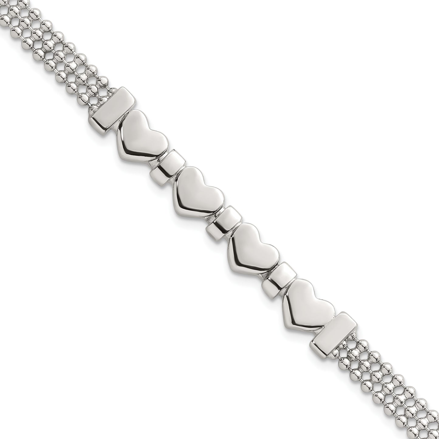 Sterling Silver Polished and Beaded 4-Hearts 7.25 Inch Bracelet