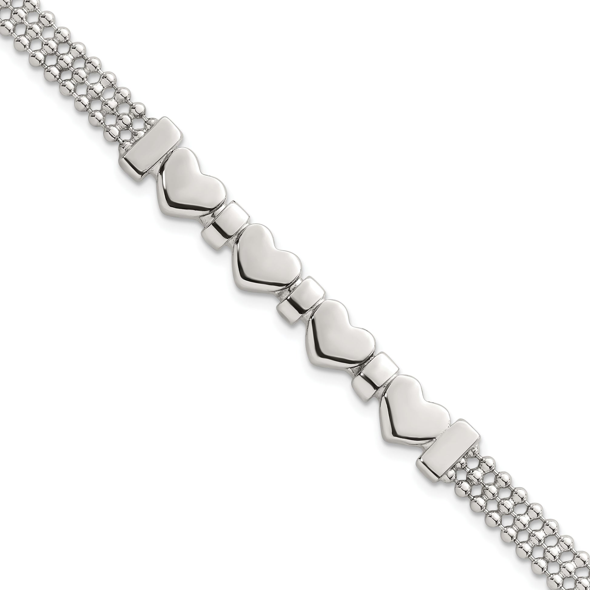 Sterling Silver Polished and Beaded 4-Hearts 7.25 Inch Bracelet