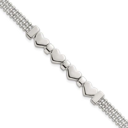 Sterling Silver Polished and Beaded 4-Hearts 7.25 Inch Bracelet