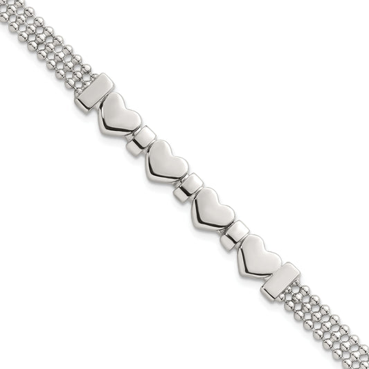 Sterling Silver Polished and Beaded 4-Hearts 7.25 Inch Bracelet