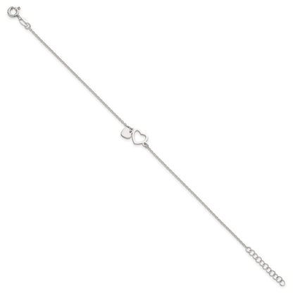 Sterling Silver Polished Double Heart 7 inch with 1 inch Extension Bracelet