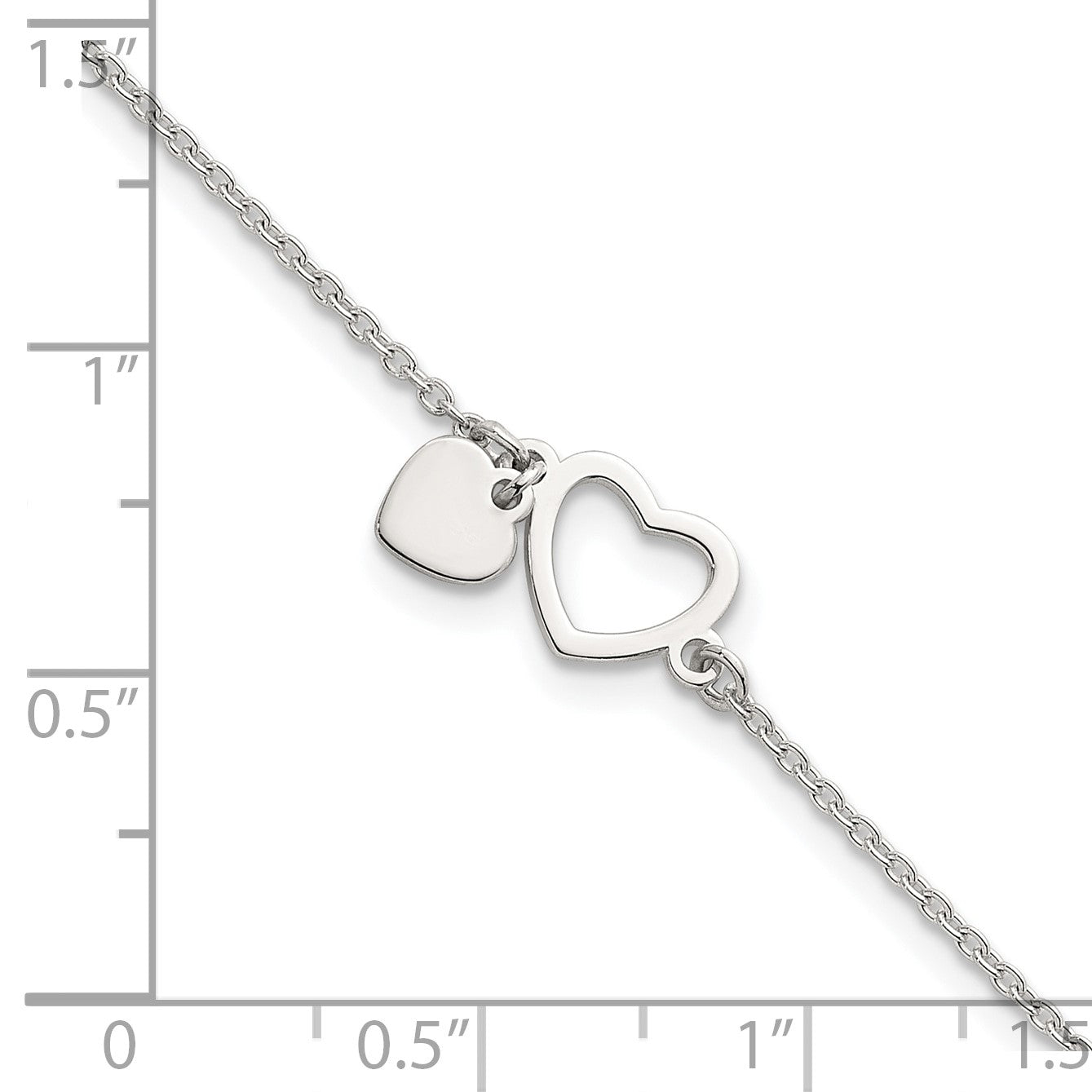 Sterling Silver Polished Double Heart 7 inch with 1 inch Extension Bracelet