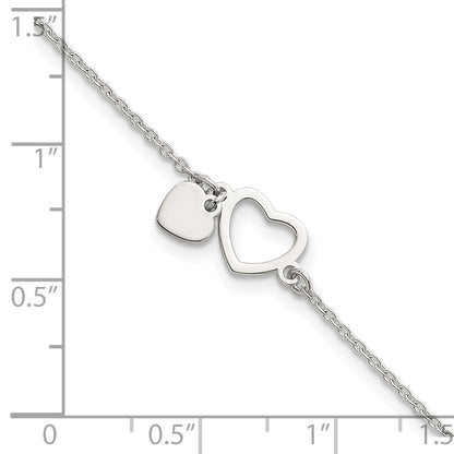 Sterling Silver Polished Double Heart 7 inch with 1 inch Extension Bracelet