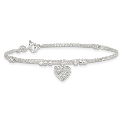 Sterling Silver Polished and Beaded with White CZ Heart Double Strand 7.5 inch Bracelet