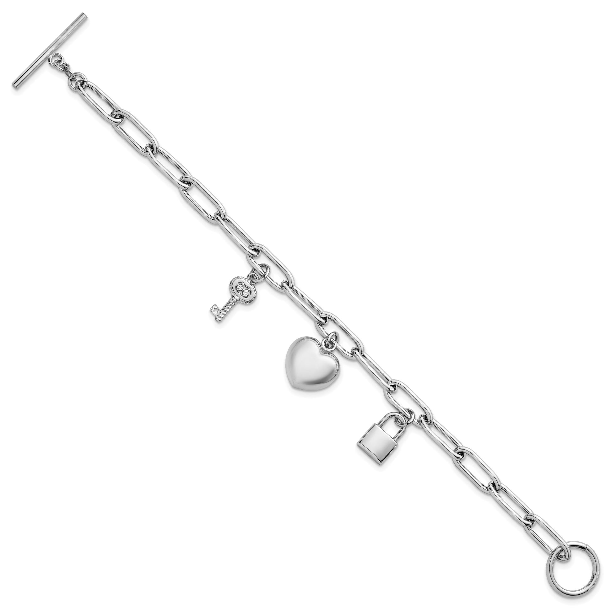 Sterling Silver Rhodium-plated Heart Lock and Key with CZ 7.5 inch Paperclip Chain Toggle Bracelet