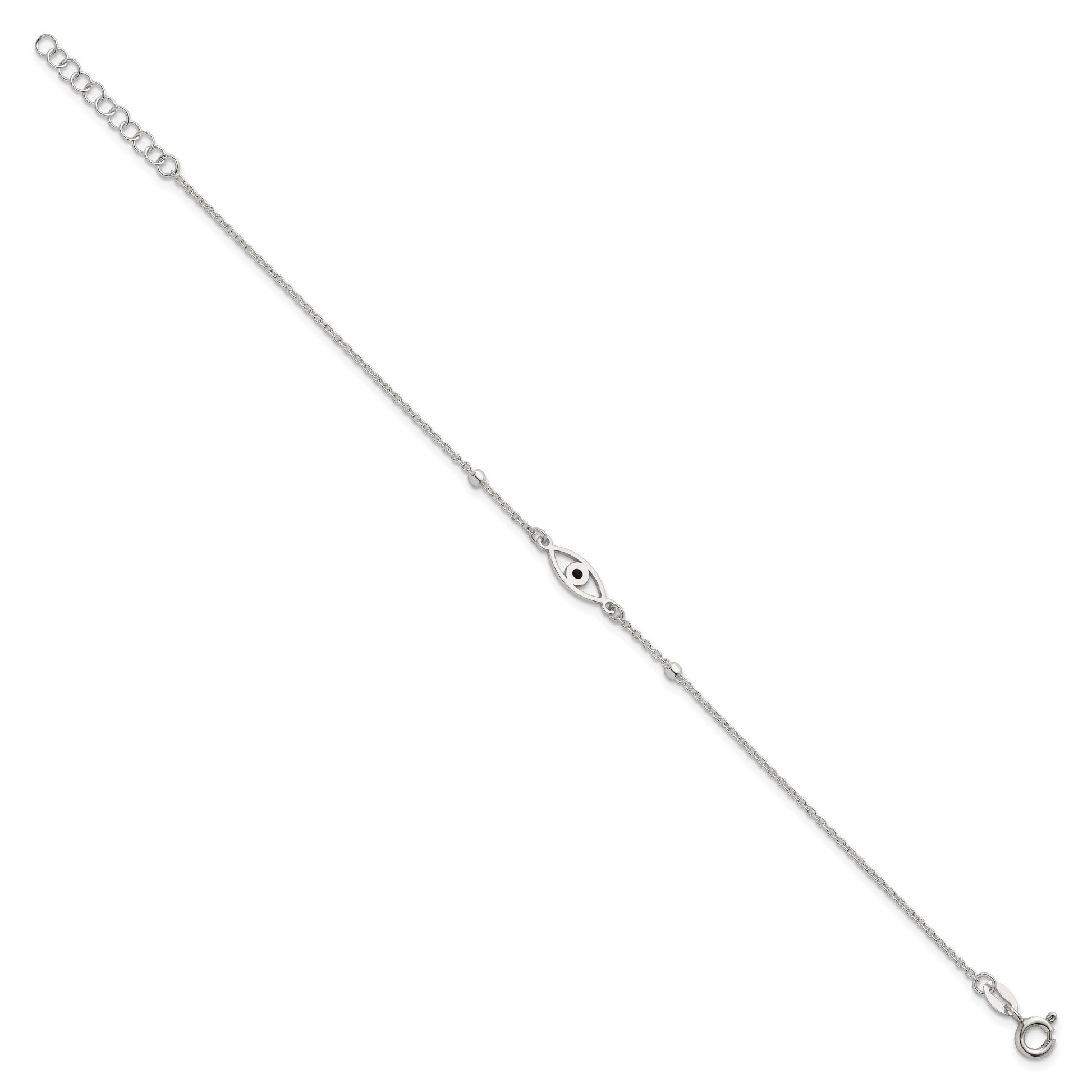 Sterling Silver Polished Beaded Black Enamel Evil Eye 7 inch with 1 inch Extension Bracelet