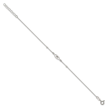 Sterling Silver Polished Beaded Black Enamel Evil Eye 7 inch with 1 inch Extension Bracelet