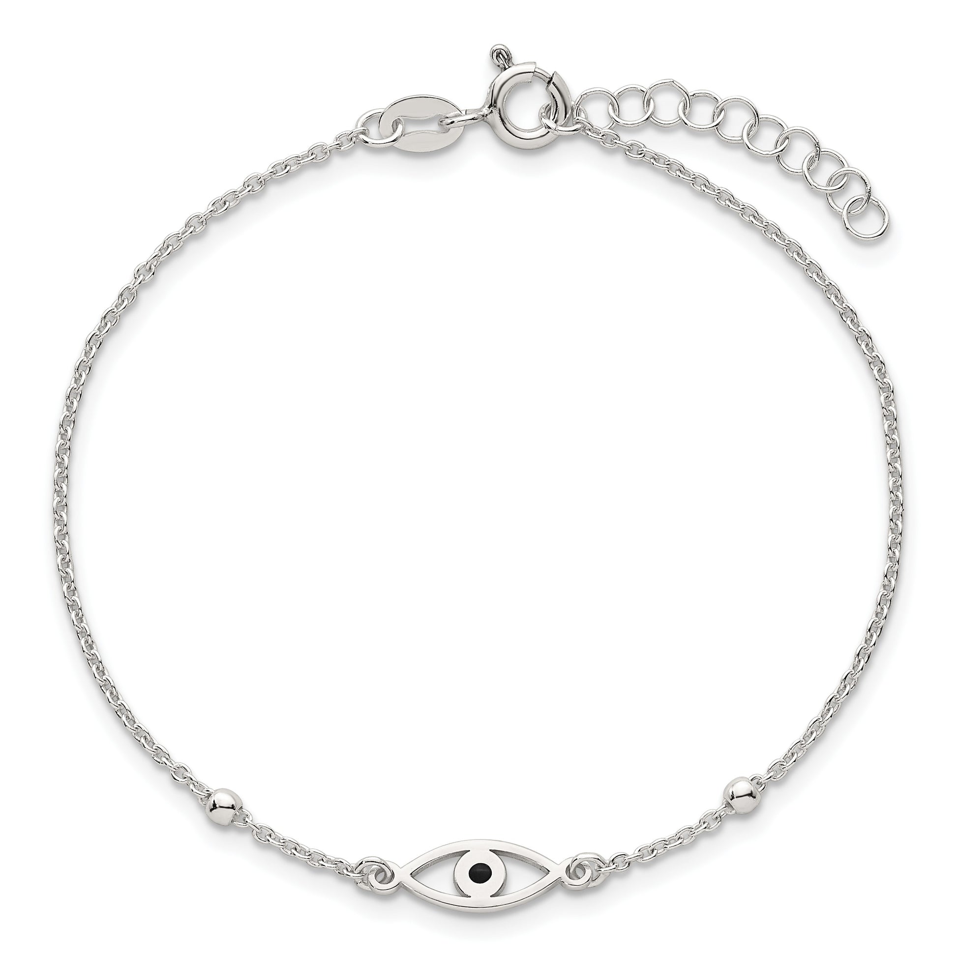 Sterling Silver Polished Beaded Black Enamel Evil Eye 7 inch with 1 inch Extension Bracelet
