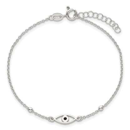 Sterling Silver Polished Beaded Black Enamel Evil Eye 7 inch with 1 inch Extension Bracelet