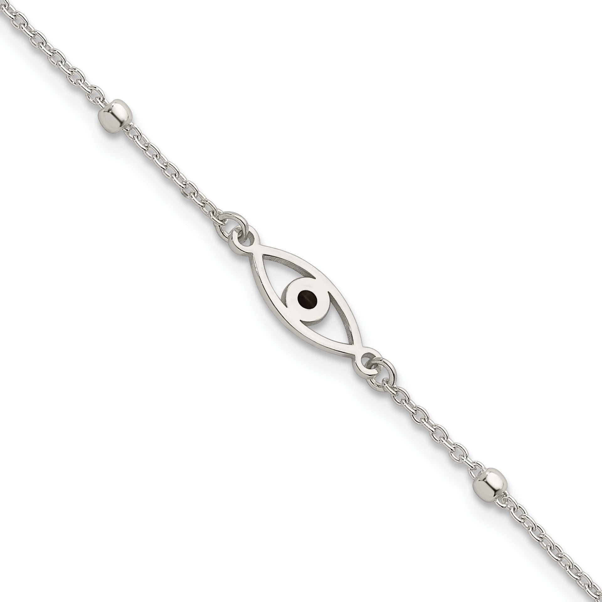 Sterling Silver Polished Beaded Black Enamel Evil Eye 7 inch with 1 inch Extension Bracelet