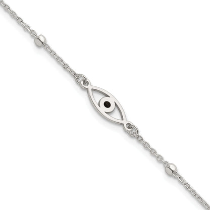 Sterling Silver Polished Beaded Black Enamel Evil Eye 7 inch with 1 inch Extension Bracelet