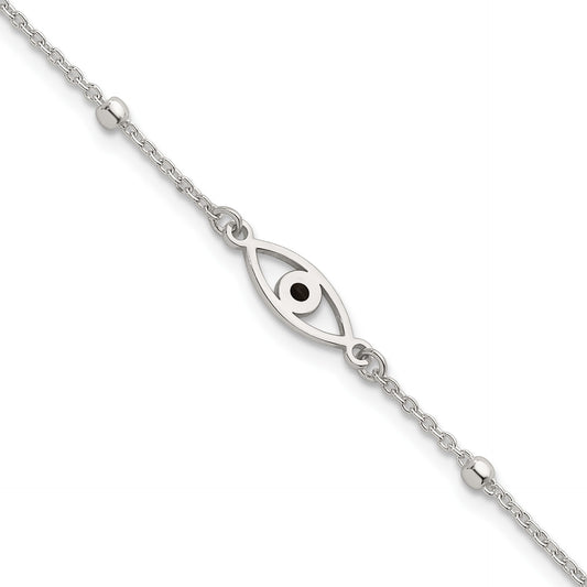 Sterling Silver Polished Beaded Black Enamel Evil Eye 7 inch with 1 inch Extension Bracelet