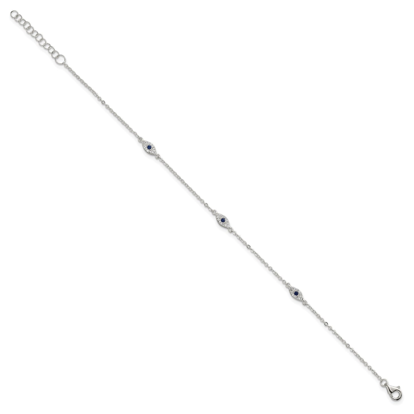 Sterling Silver Polished Blue and White CZ Evil Eye 7 Inch with 1 Inch Extension Bracelet