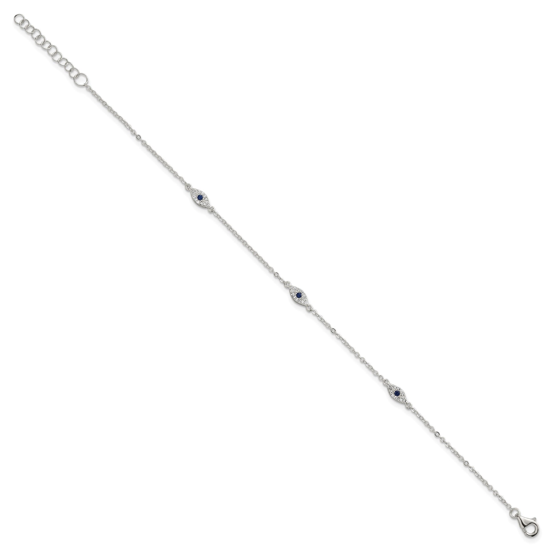 Sterling Silver Polished Blue and White CZ Evil Eye 7 Inch with 1 Inch Extension Bracelet