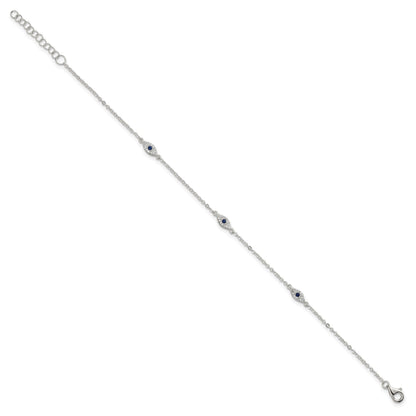 Sterling Silver Polished Blue and White CZ Evil Eye 7 Inch with 1 Inch Extension Bracelet