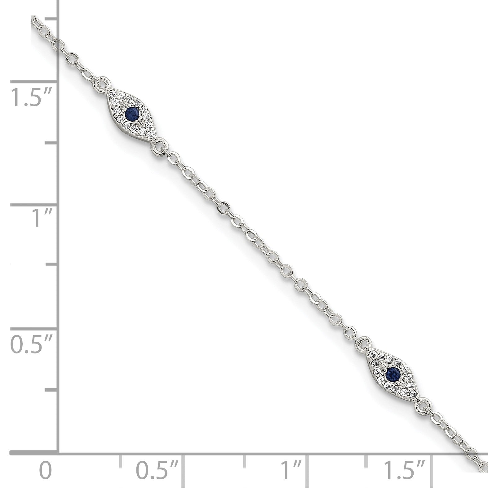 Sterling Silver Polished Blue and White CZ Evil Eye 7 Inch with 1 Inch Extension Bracelet