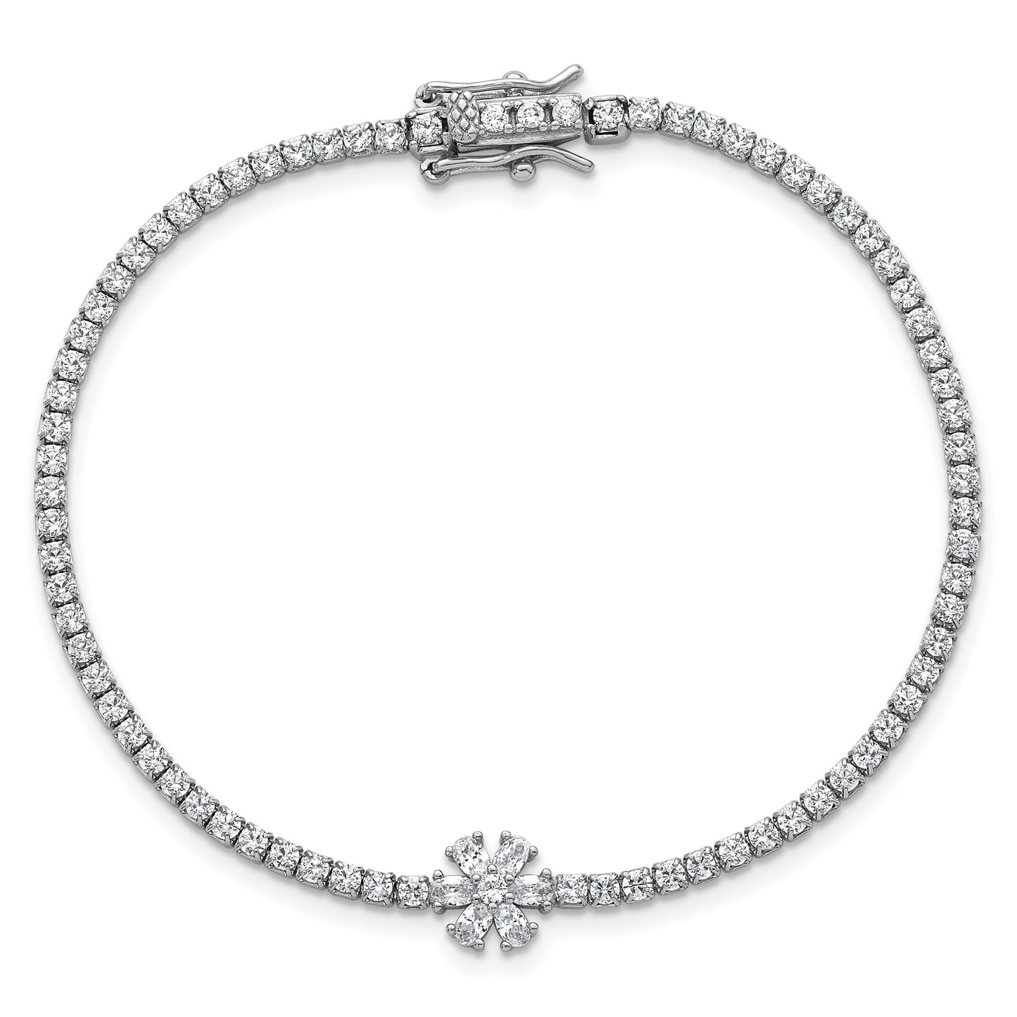 Sterling Silver Rhodium-plated Polished CZ Flower 7.25 inch Tennis Bracelet