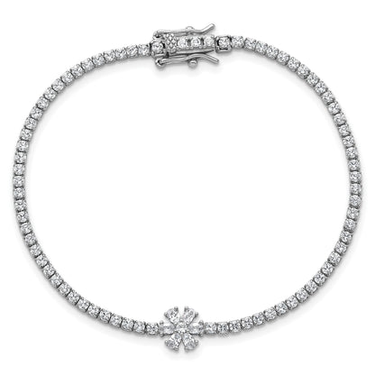 Sterling Silver Rhodium-plated Polished CZ Flower 7.25 inch Tennis Bracelet