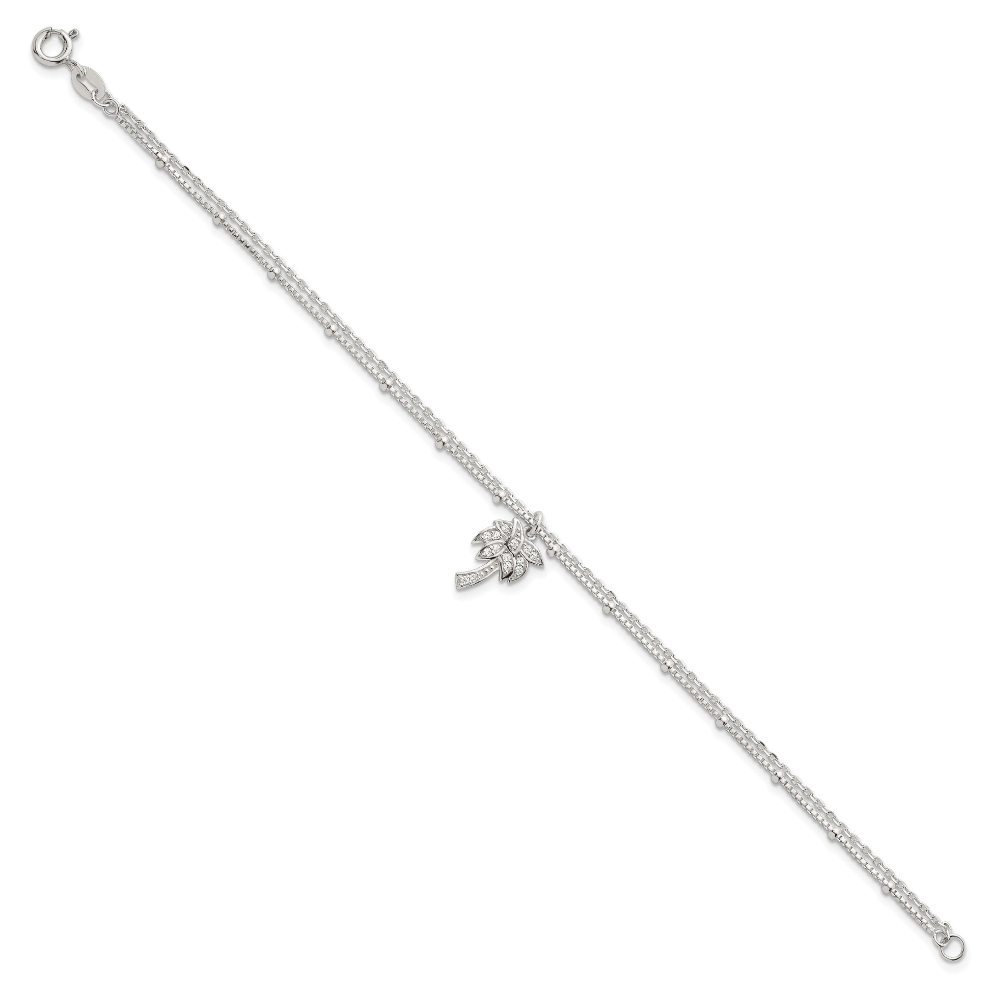 Sterling Silver Polished and Beaded White CZ Palm Tree Dangle Double Strand 7.5 inch Bracelet