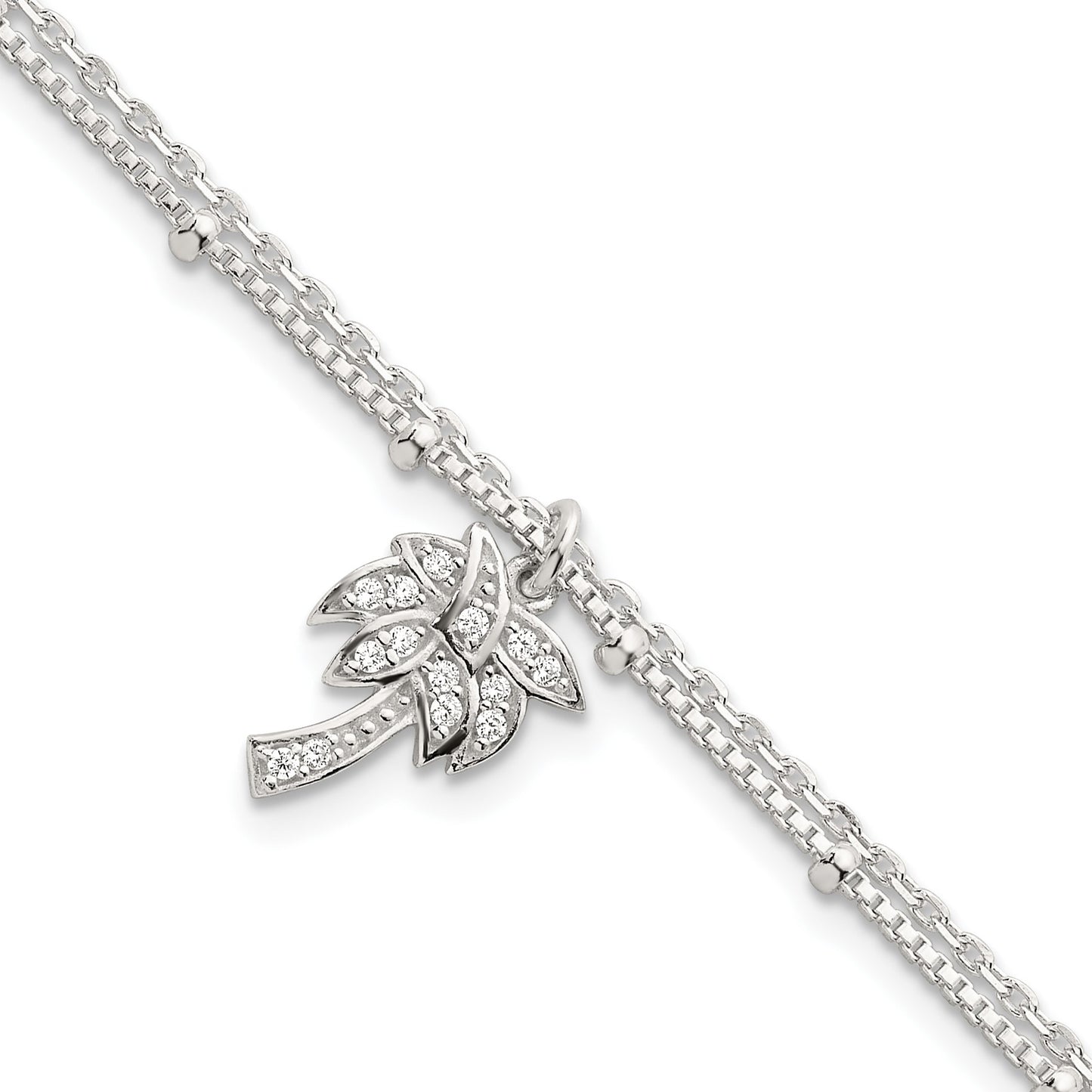 Sterling Silver Polished and Beaded White CZ Palm Tree Dangle Double Strand 7.5 inch Bracelet